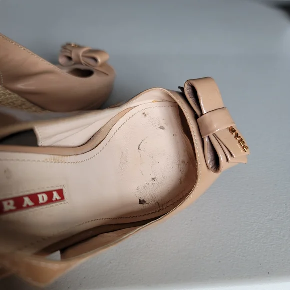 Prada Patent Leather Nude Beige Bow Wedges Slingback Size 38.5